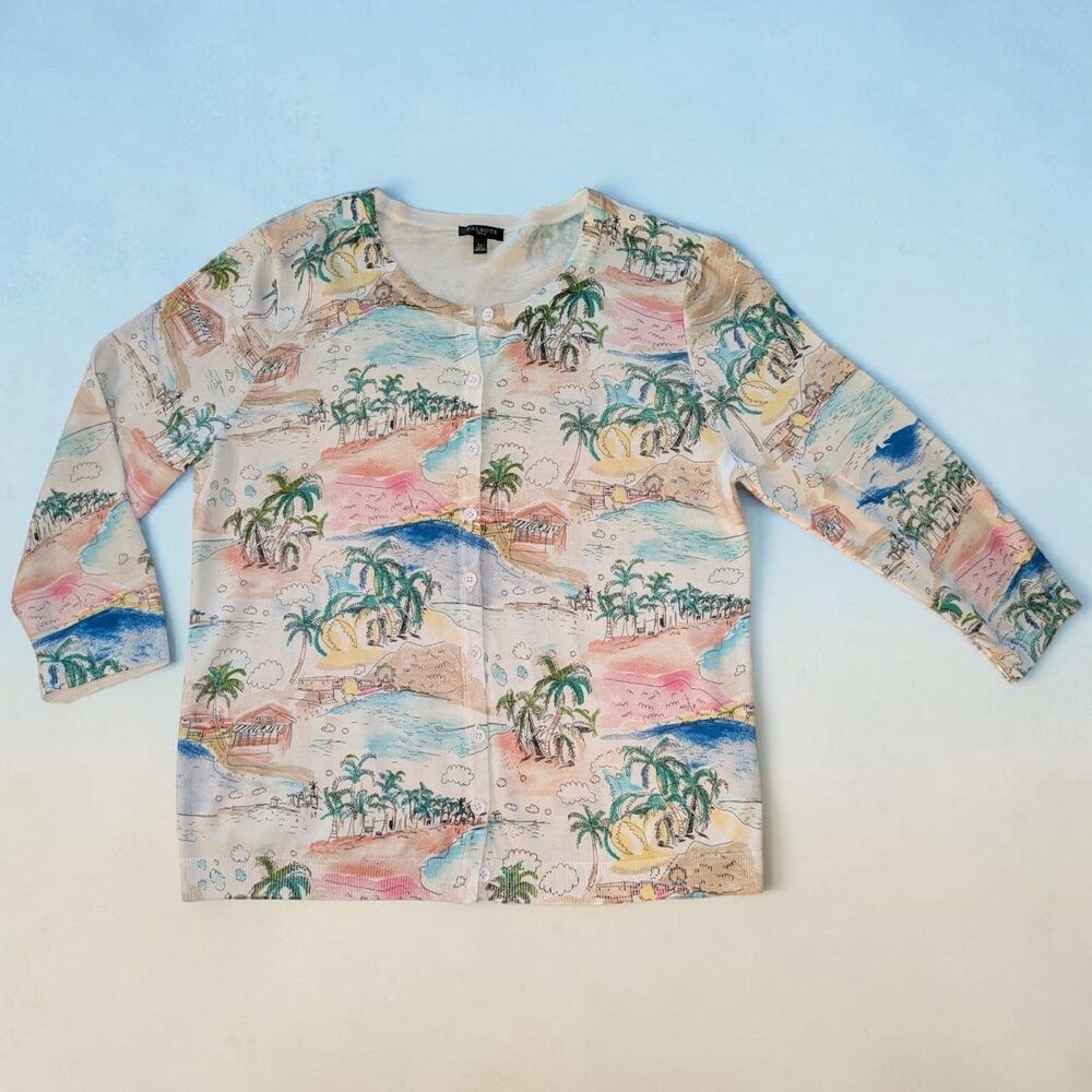 Talbots Womens LARGE Petite Tropical Palm Tree Beach Resort Cardigan Sweater